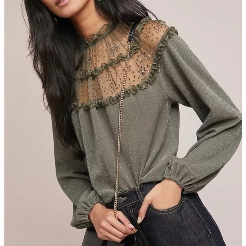Ranna Gill Green Mesh Beaded Top XXS NEW NWT Anthropologie - Picture 2 of 8